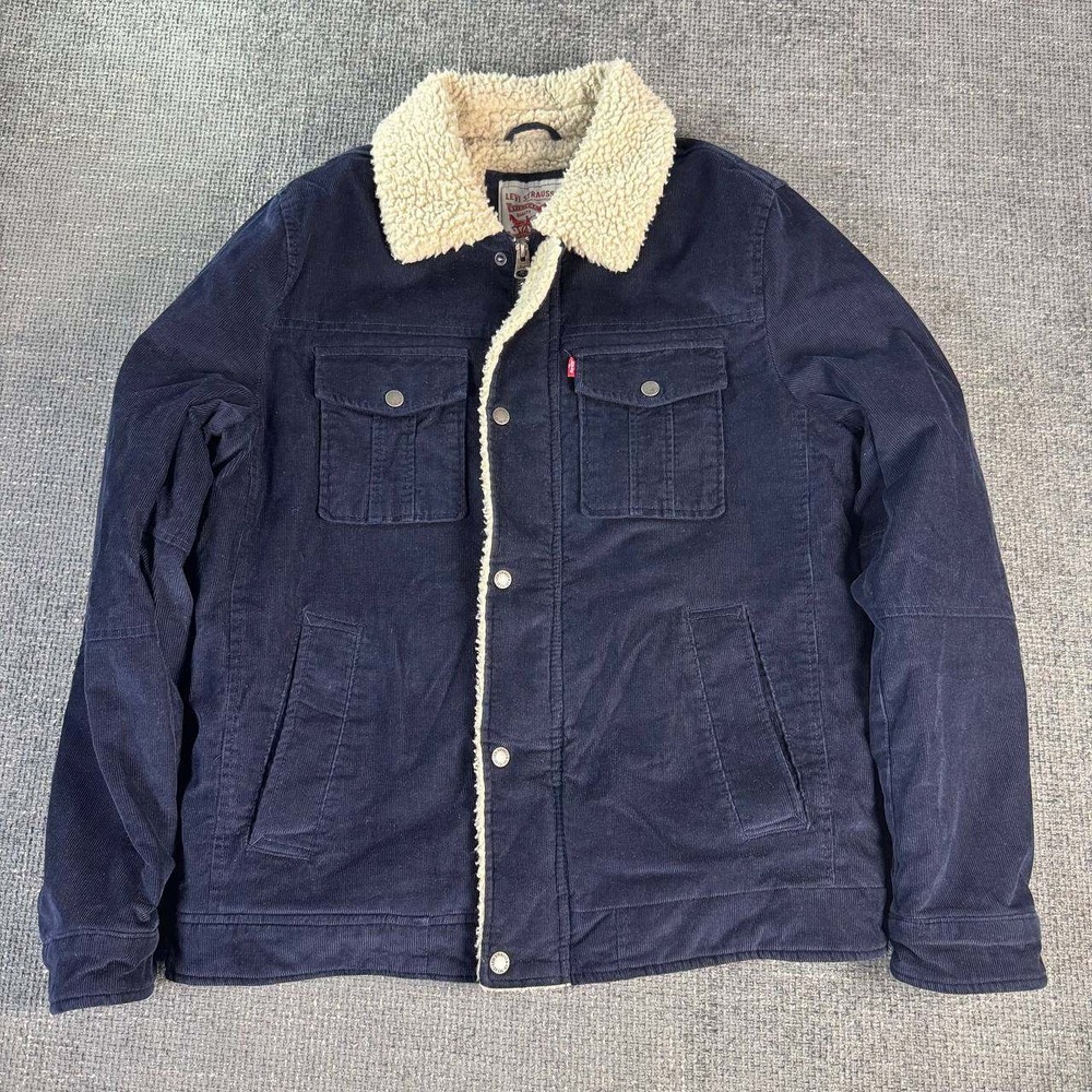Levi Strauss Corduroy Sherpa Trucker Jacket Mens Medium Navy Blue Zip Front